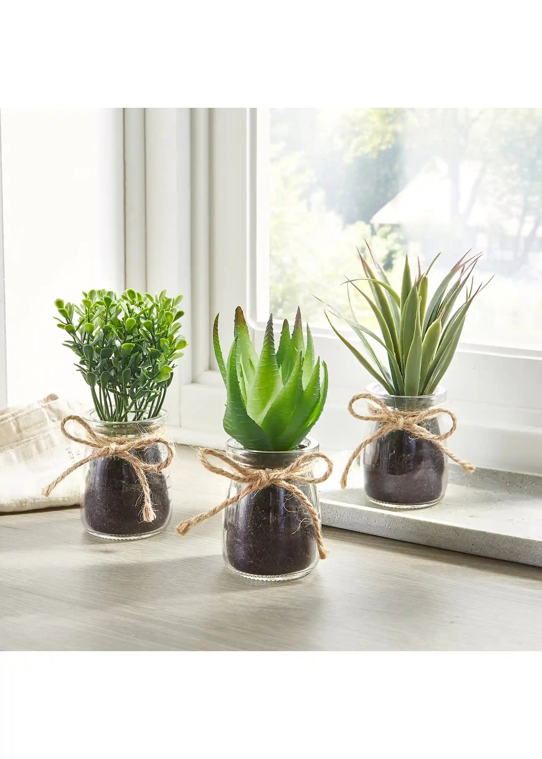 Planta artificial com vaso de vidro (conjunto de 3 peças)